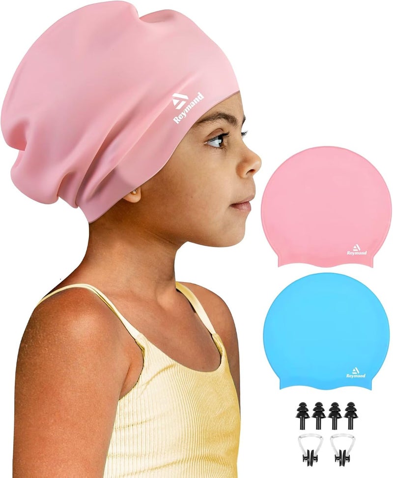 Reymand 2 Pack Kids Extra Large Swim Cap for Long Thick Hair, Waterproof Silicone Swimming Cap for Toddler Child Youth Girls Boys, Durable Swim Hats Bathing Caps for Braids, Dreadlocks, Extensions, Afros - Image 1